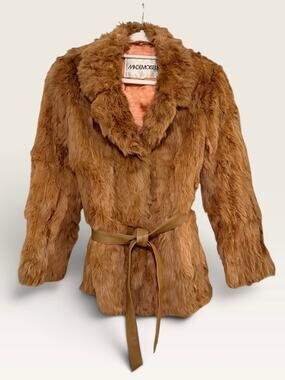 Vintage 70s Mademoiselle Reddish Brown Genuine Rabbit Fur Belted Jacket Large